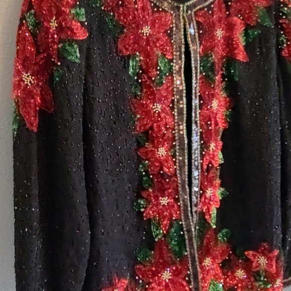 Laurence Kazar Sequin Beaded Embellished Christmas Poinsettia Cardigan Jacket L - Picture 3 of 8